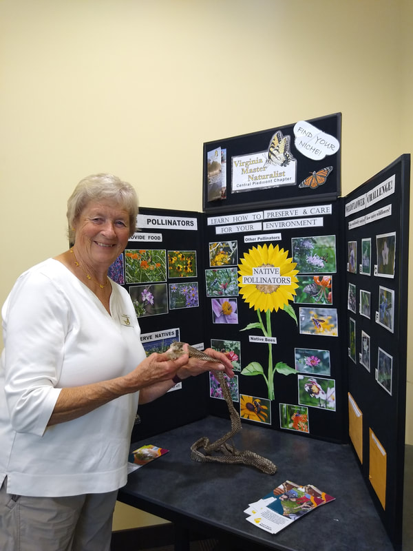 A smiling woman stands beside a display about pollinators. She is holding a snake skin.